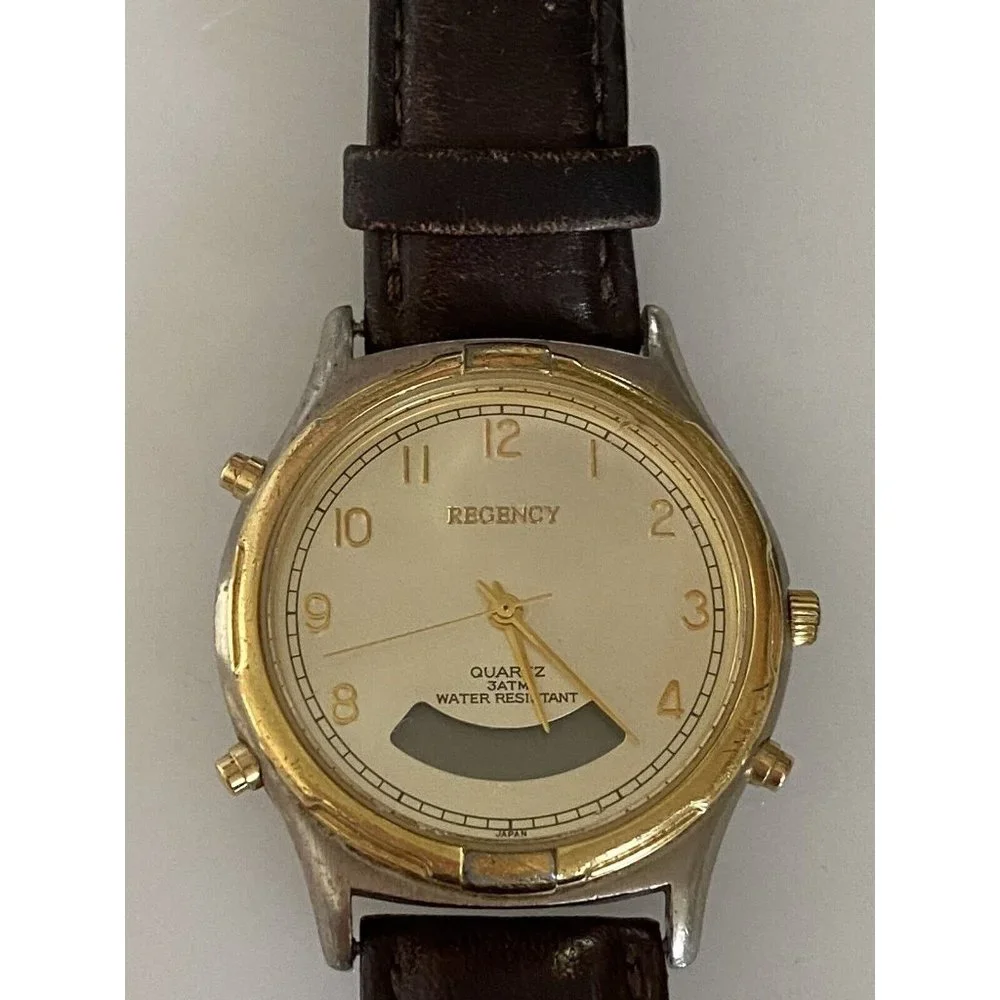 Regency Men's Brown Leather Stainless Steel Water Resistant Quartz Battery Watch
